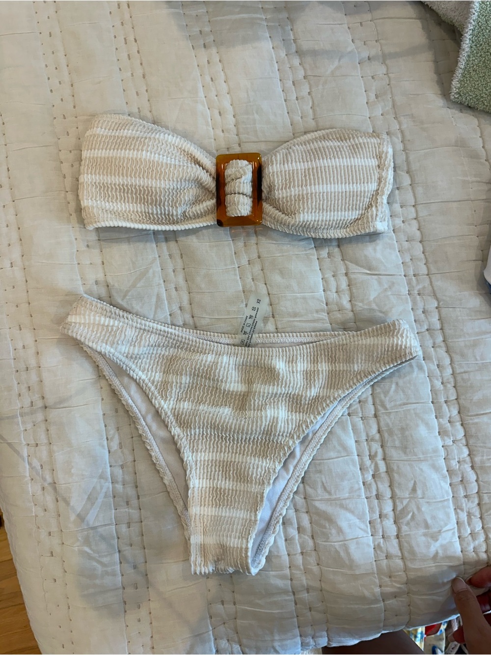 SHEIN Cream and White Striped Bandeau Bikini Set
